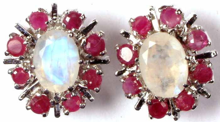 Get Ruby and Rainbow Moonstone Flowers Earrings by Exotic India Art